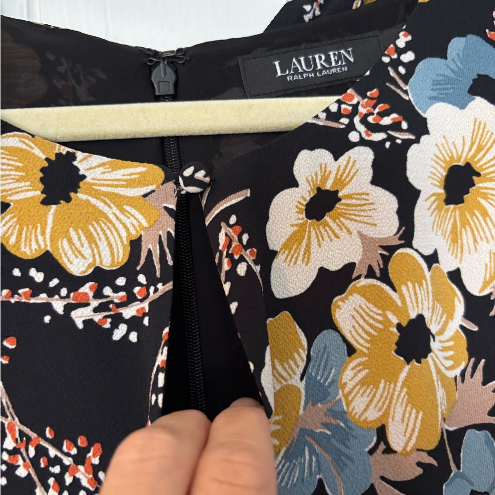 Ralph Lauren Summer Midi Dress Yellow & Blue Floral Print w Belt and Ruffle - Picture 9 of 12